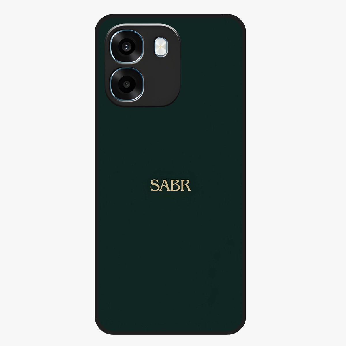 Sabr Minimal Patience Glass Case showing flat back view with minimalist typography artwork and glossy glass finish.