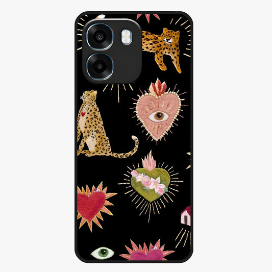 Sacred Jungle Heart Glass Case showing flat back view with jungle inspired heart artwork and glossy glass finish.
