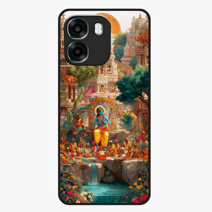 Sacred Sunlight Gods Glass Case showing flat back view with divine sunlight themed artwork and glossy glass finish.