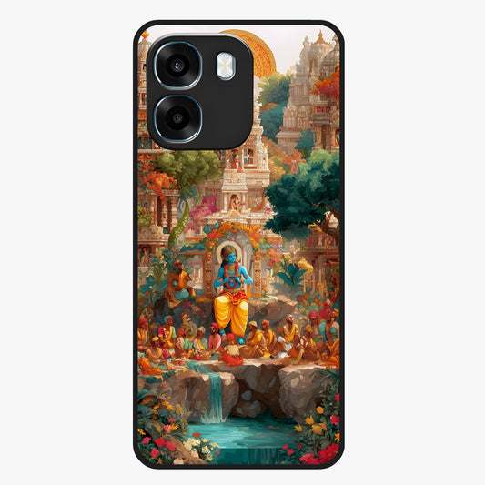 Sacred Sunlight Gods Glass Case showing flat back view with divine sunlight themed artwork and glossy glass finish.