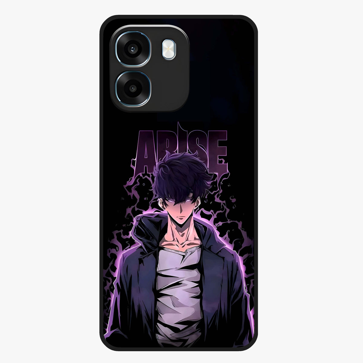 Shadow Monarch Awakening Glass Case showing flat back view with powerful dark monarch themed artwork and glossy glass finish.