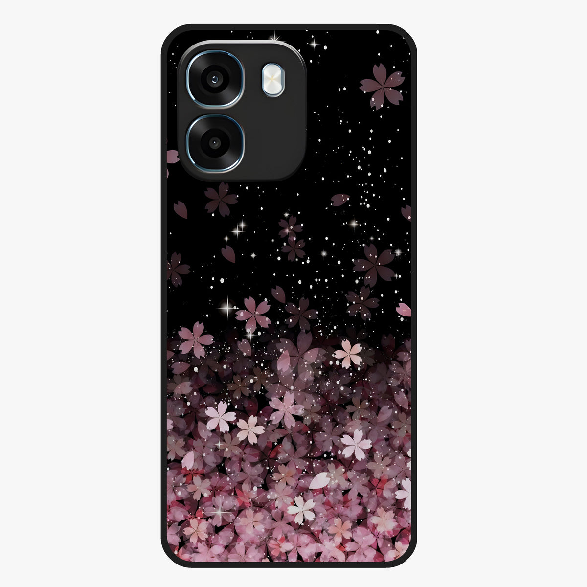 Small Starry Flowers Glass Case showing flat back view with delicate starry floral artwork and glossy glass finish.