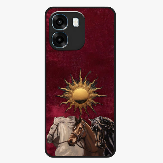 Solar Riders Glass Case showing flat back view with dynamic rider themed artwork and glossy glass finish.