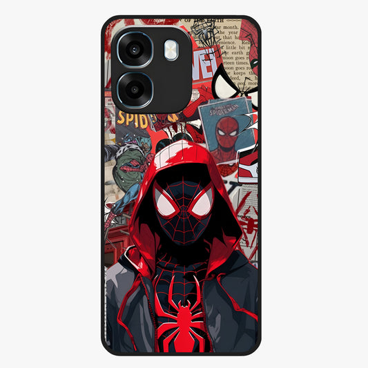 Spider Collage Street Glass Case showing flat back view with vibrant superhero collage artwork and glossy glass finish.