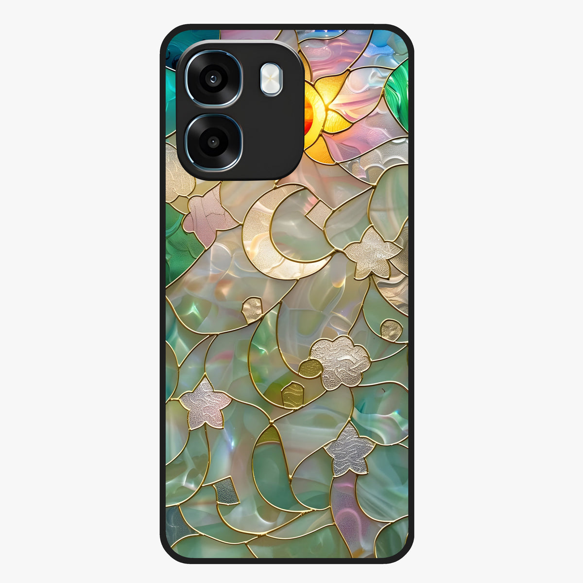Stained Sunrise Glow Glass Case showing flat back view with glowing sunrise stained pattern artwork and glossy glass finish.