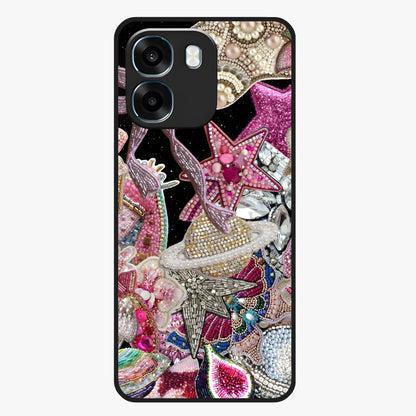 Starlit Jewel Dream Glass Case showing flat back view with sparkling jewel and star themed artwork and glossy glass finish.