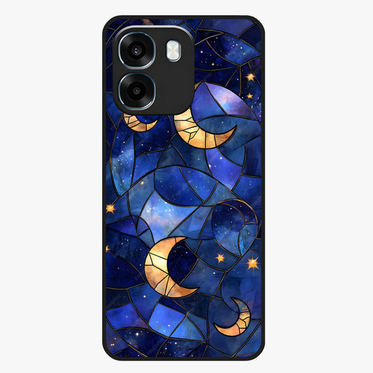 Starlit Sky Tapestry Glass Case showing flat back view with decorative starry sky tapestry artwork and glossy glass finish.