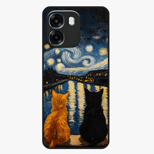 Starry River Cats Glass Case showing flat back view with cats by a starry river artwork and glossy glass finish.