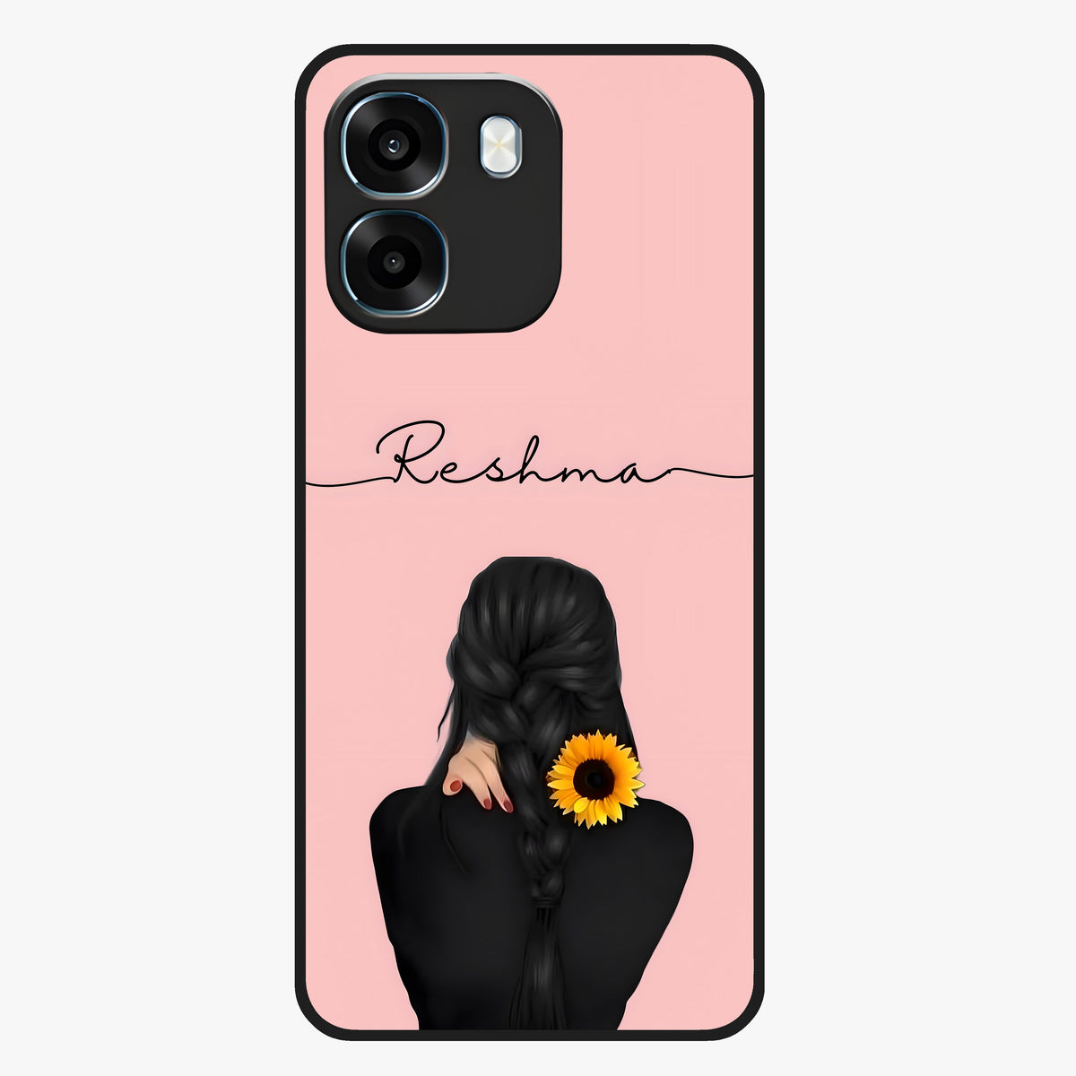 Sunflower Braid Beauty With Custom Name Glass Case showing flat back view with sunflower braid artwork and personalized name design.