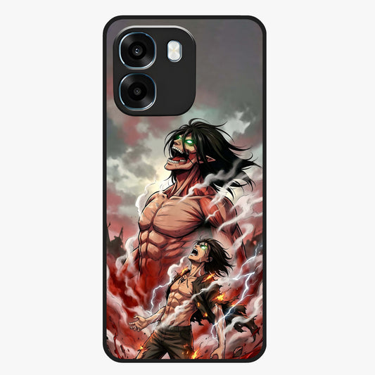 Titan Awakening Fury Glass Case showing flat back view with powerful titan inspired artwork and glossy glass finish.