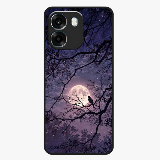 Whispering Moon Silence Glass Case showing flat back view with serene moon themed artwork and glossy glass finish.
