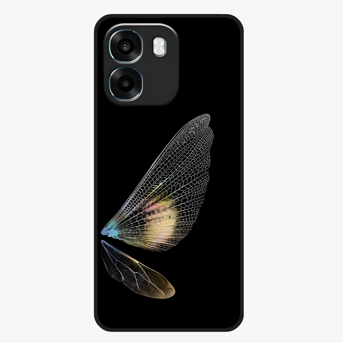 Whispers Of Wings Glass Case showing flat back view with graceful wing inspired artwork and glossy glass finish.