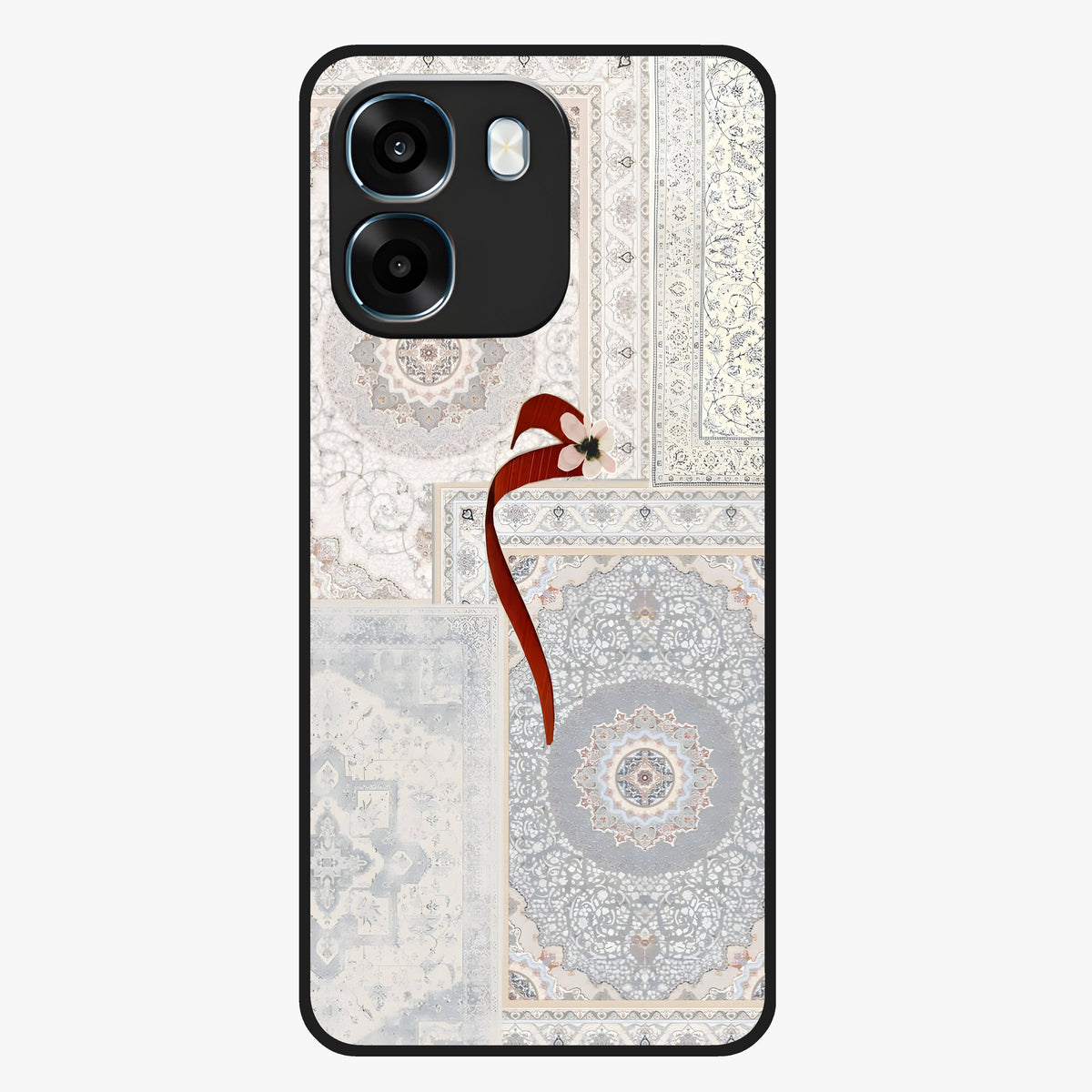 White Aesthetic Bow Glass Case showing flat back view with minimal bow artwork and glossy glass finish.