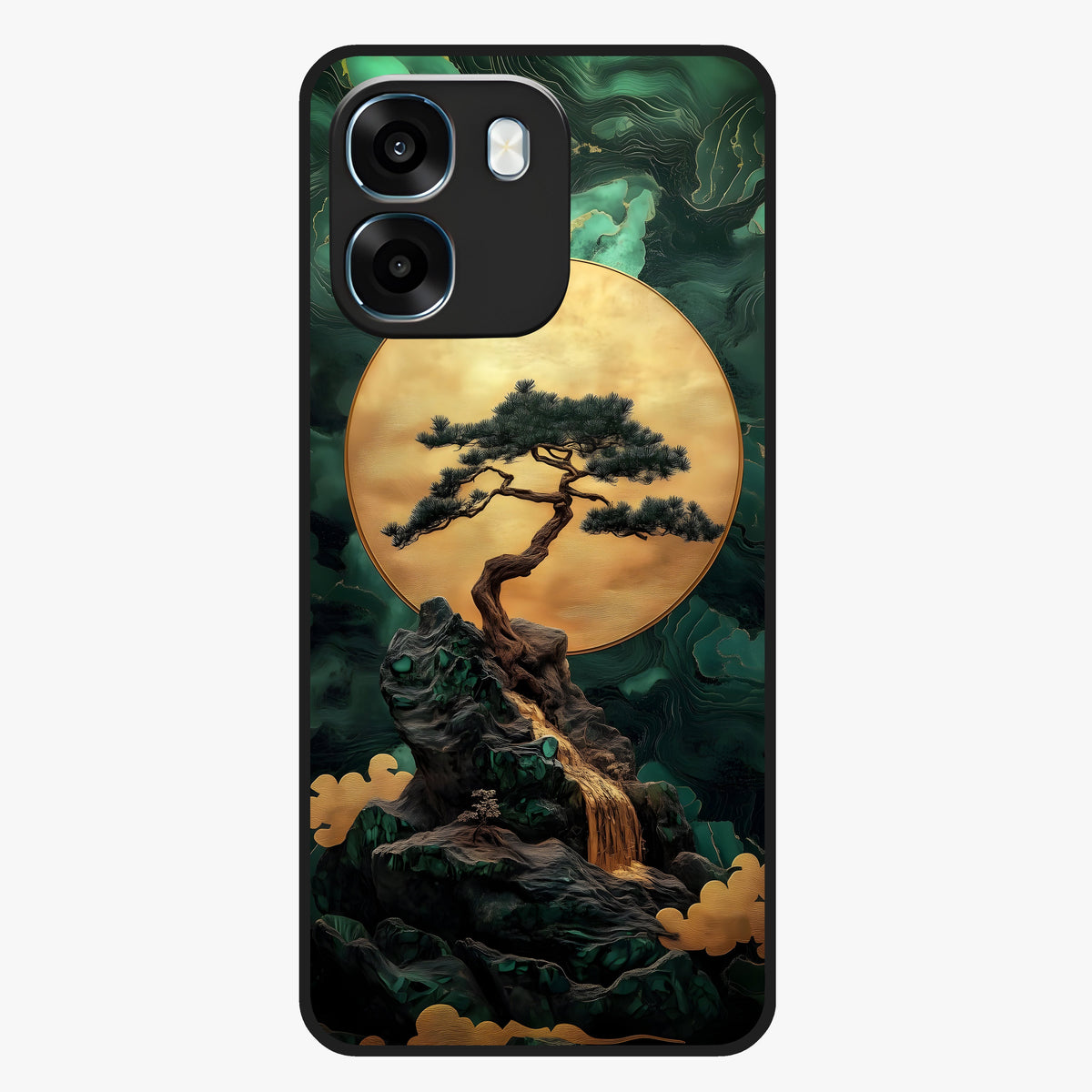 Zen Moon Rise Glass Case showing flat back view with calm moonrise artwork and glossy glass finish.