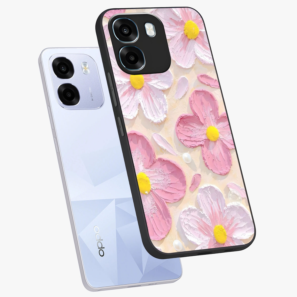 Blush Bloom Texture Glass Case displayed in angled mockup highlighting subtle bloom pattern with aesthetic pastel design.