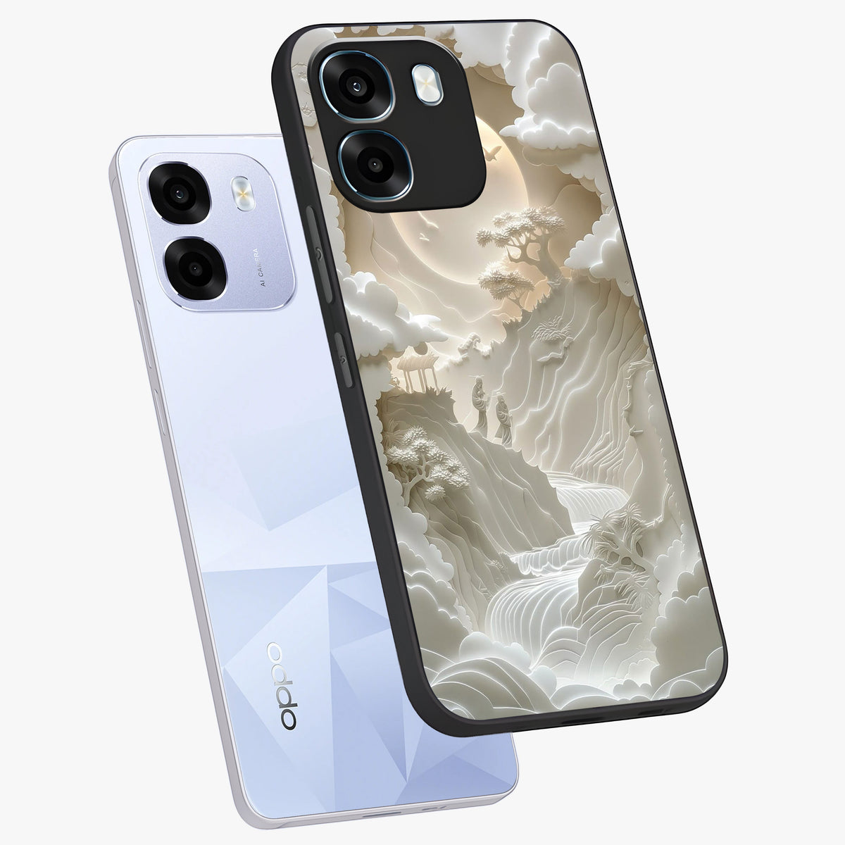 Celestial Origami Glass Case displayed in angled mockup highlighting geometric origami design with cosmic aesthetic theme.