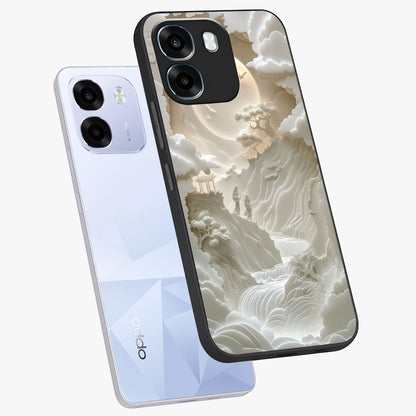 Celestial Origami Glass Case displayed in angled mockup highlighting geometric origami design with cosmic aesthetic theme.