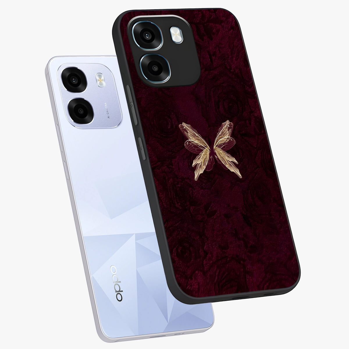 Crimson Fade Butterfly Glass Case displayed in angled mockup highlighting elegant butterfly design with crimson gradient aesthetic.