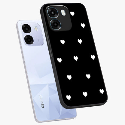 Cute And Simple White Hearts Glass Case displayed in angled mockup highlighting cute heart design with clean aesthetic style.