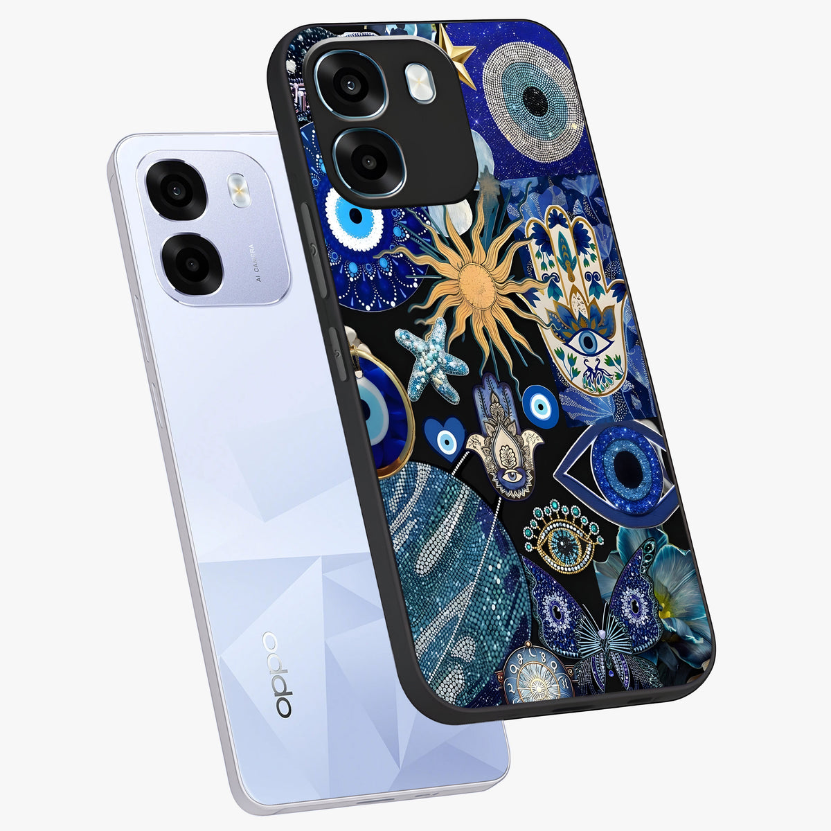 Evil Eye Charm Mix Glass Case displayed in angled mockup highlighting protective evil eye symbols with spiritual aesthetic design.