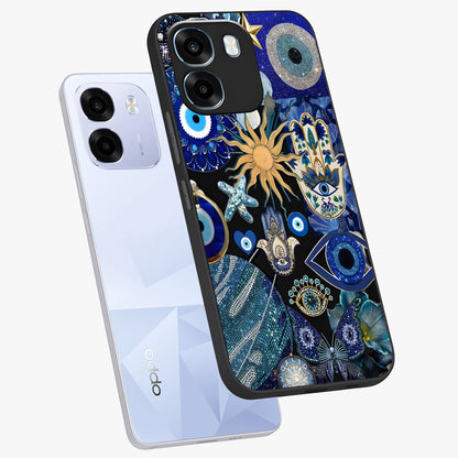 Evil Eye Charm Mix Glass Case displayed in angled mockup highlighting protective evil eye symbols with spiritual aesthetic design.