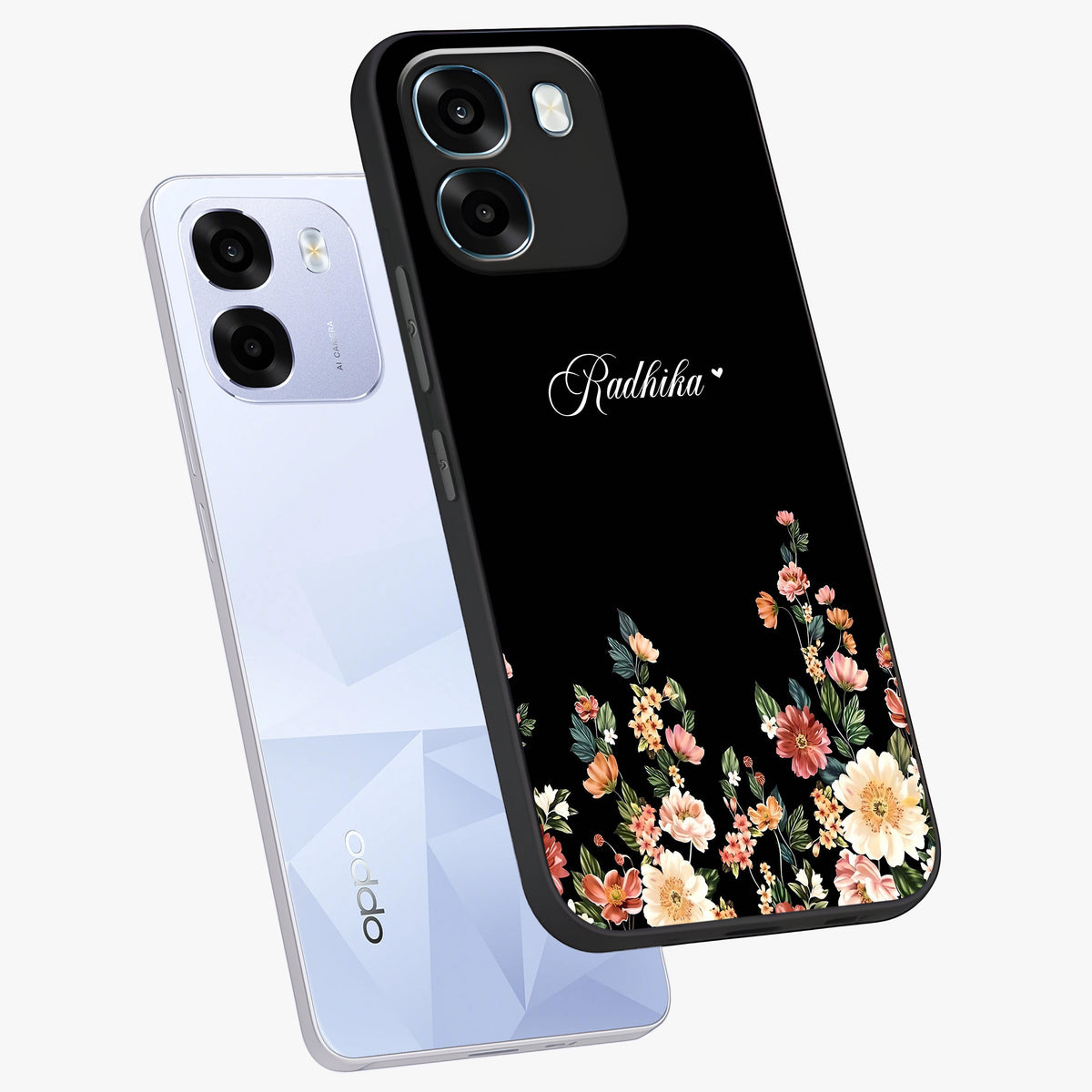 Floral Design With a Custom Personalized Name Glass Case displayed in angled mockup highlighting elegant floral pattern with custom name feature.