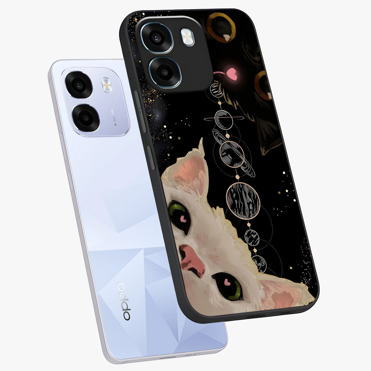 Galactic Cat Glass Case displayed in angled mockup highlighting celestial feline illustration with galaxy aesthetic style.