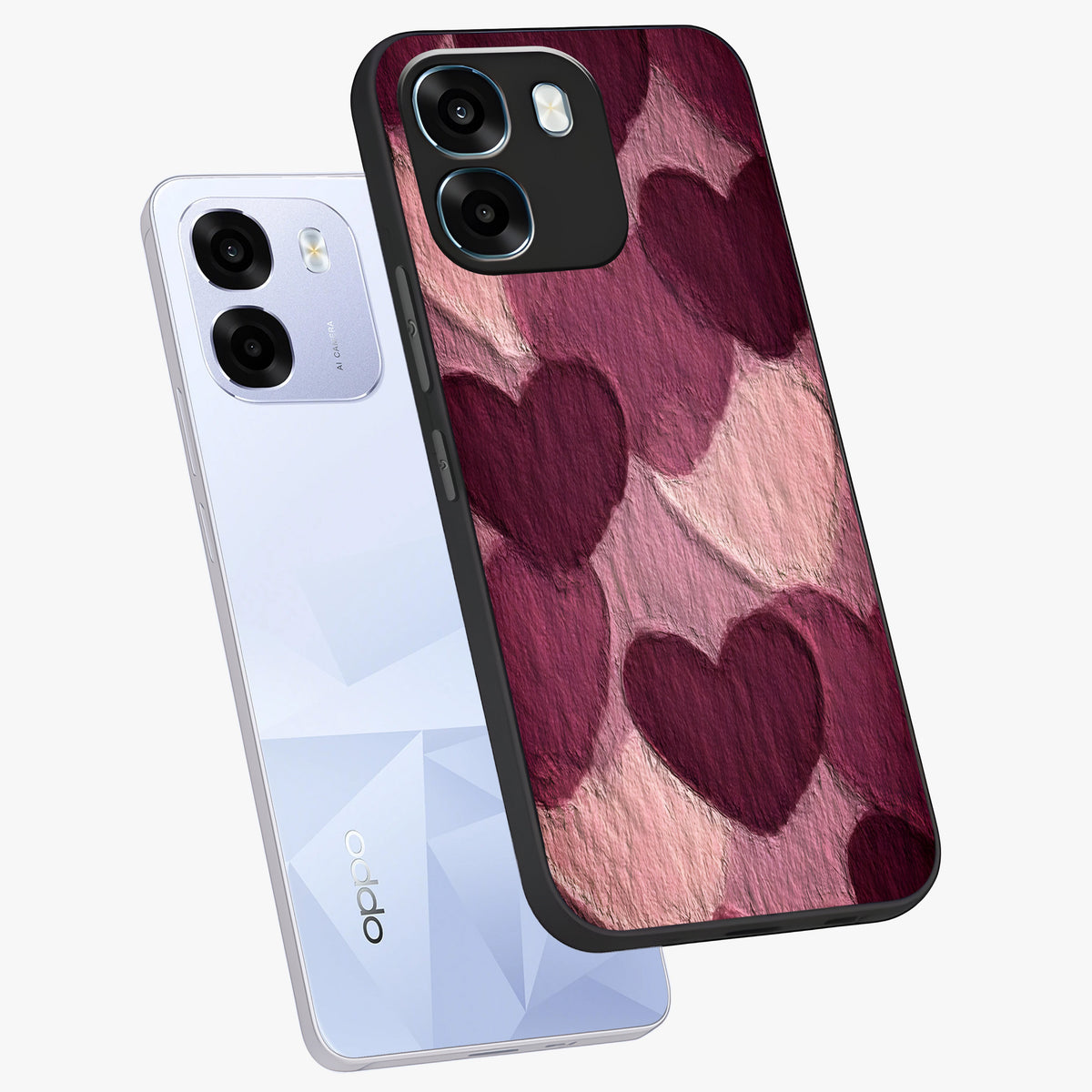Layered Paper Hearts Glass Case displayed in angled mockup highlighting creative paper craft heart design with romantic aesthetic.