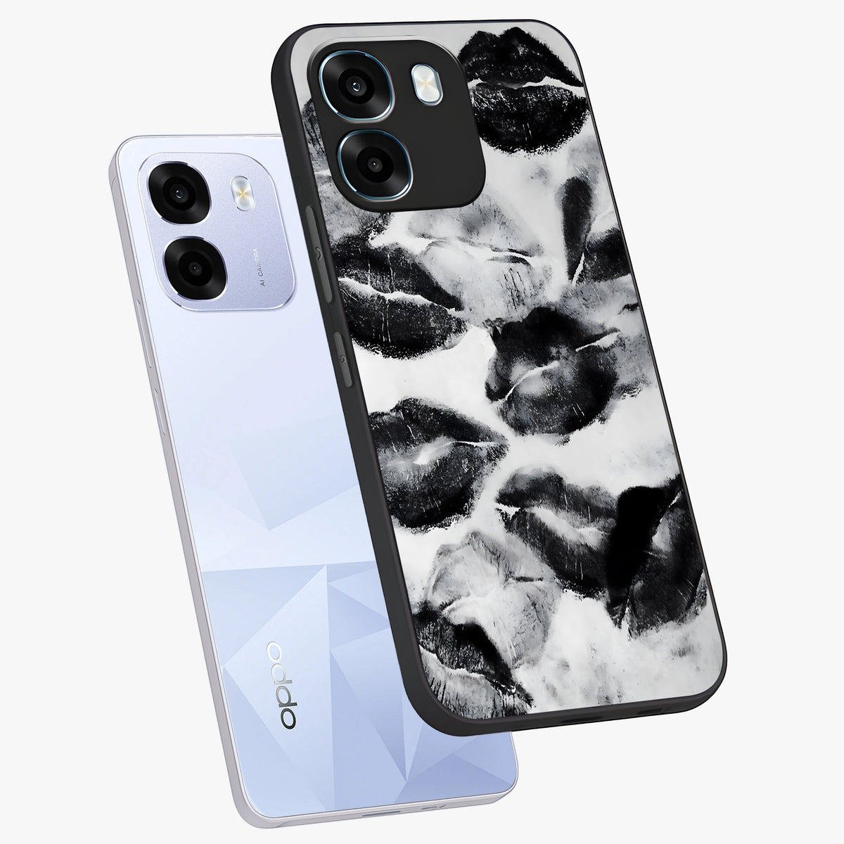 Midnight Kiss Marks Glass Case displayed in angled mockup highlighting playful romantic design with bold midnight aesthetic.