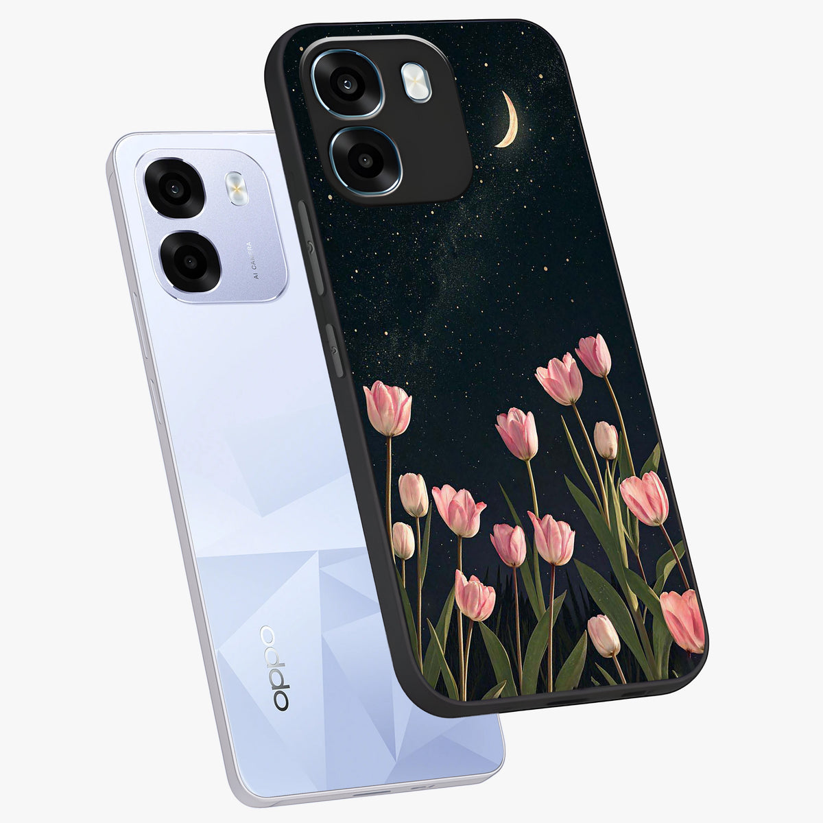 Midnight Tulip Whispers Vibe Glass Case displayed in angled mockup highlighting delicate tulip design with midnight floral aesthetic.