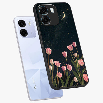 Midnight Tulip Whispers Vibe Glass Case displayed in angled mockup highlighting delicate tulip design with midnight floral aesthetic.