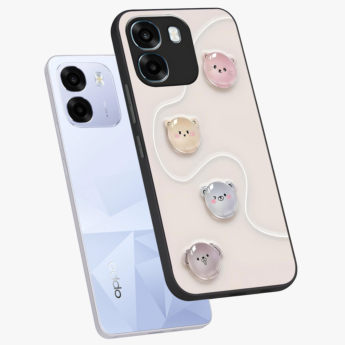 Puffy Face Parade Glass Case displayed in angled mockup highlighting playful cartoon face design with fun aesthetic.