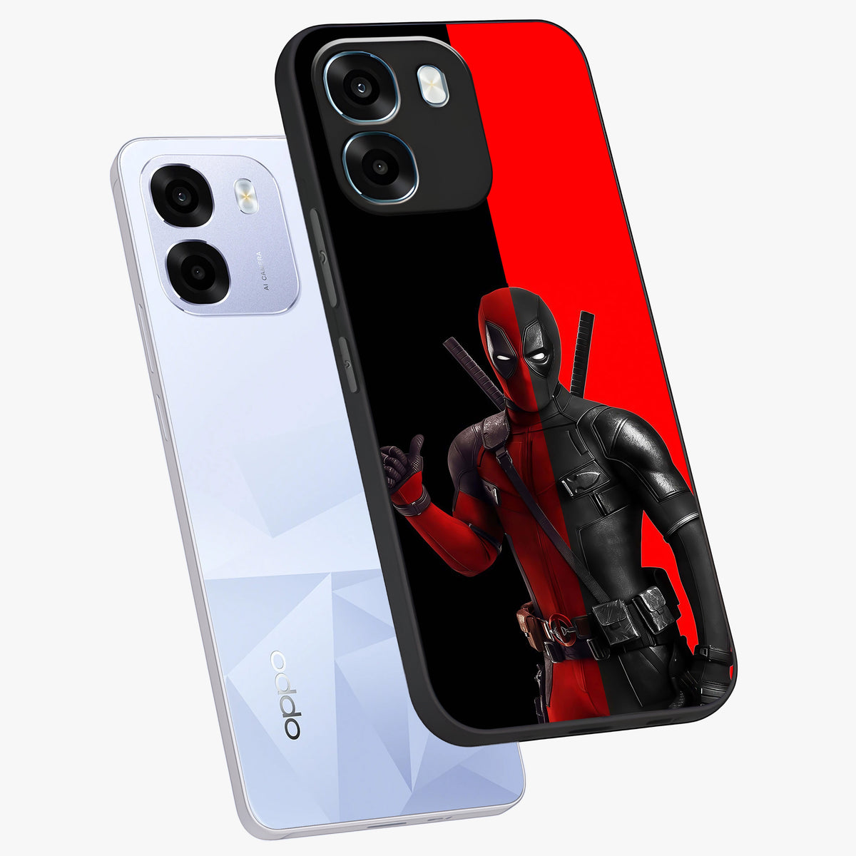 Red & Black Deadpool Theme Glass Case displayed in angled mockup highlighting vibrant superhero style illustration with action aesthetic.
