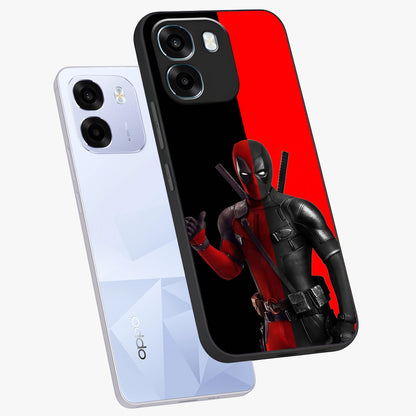 Red & Black Deadpool Theme Glass Case displayed in angled mockup highlighting vibrant superhero style illustration with action aesthetic.