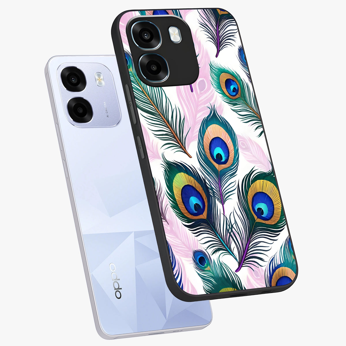 Royal Peacock Feathers Glass Case displayed in angled mockup highlighting vibrant feather pattern with regal aesthetic style.