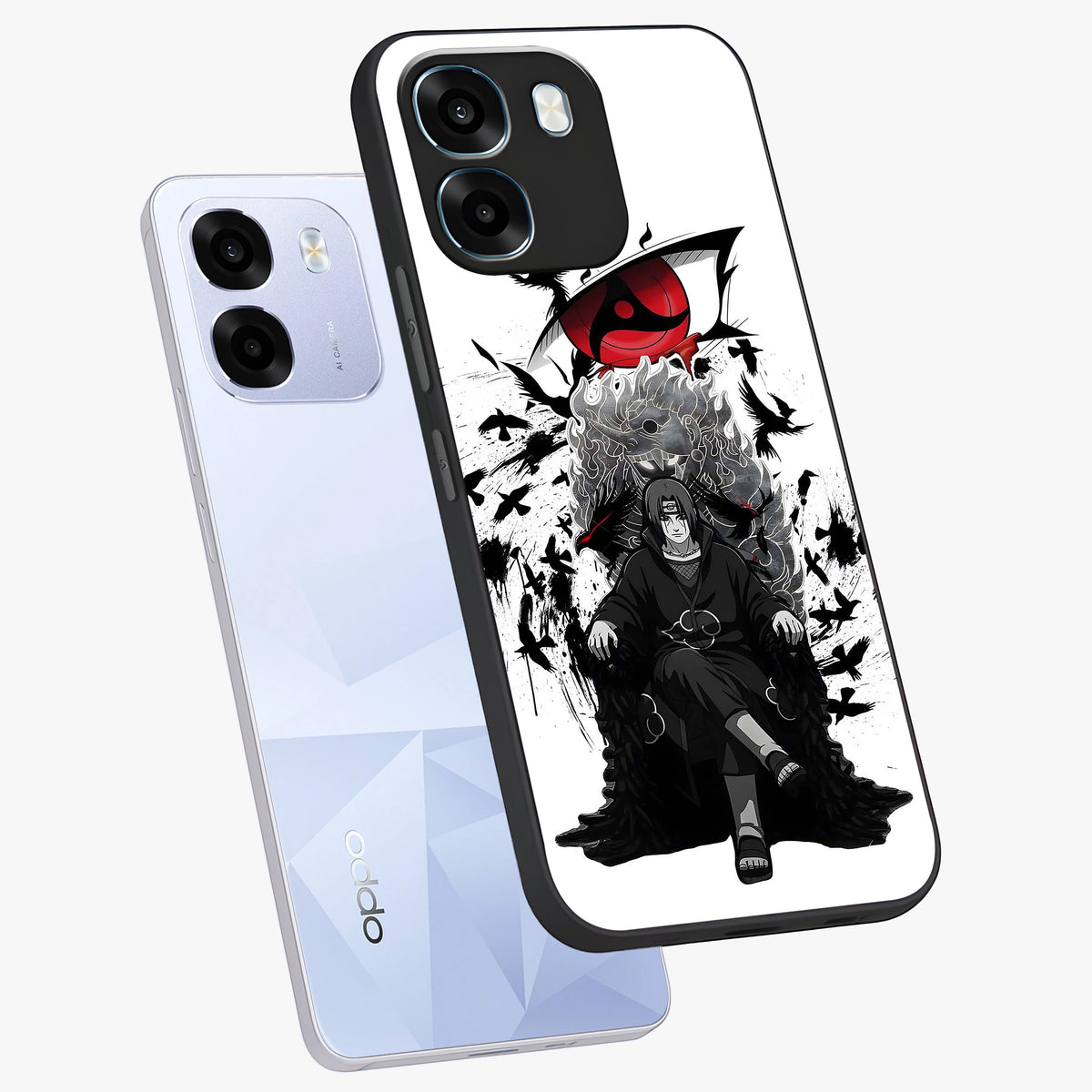 Uchiha Shadow Throne Glass Case displayed in angled mockup highlighting glowing aquatic design with celestial aesthetic.