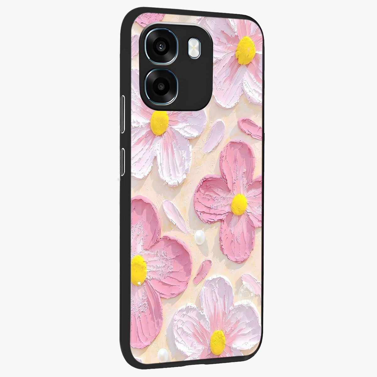 Blush Bloom Texture Glass Case upright view showcasing delicate blush floral texture with modern minimal style.