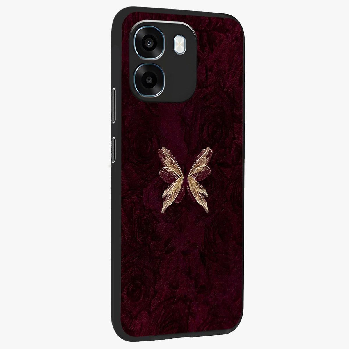 Crimson Fade Butterfly Glass Case upright view showcasing graceful butterfly artwork with soft crimson fade effect.