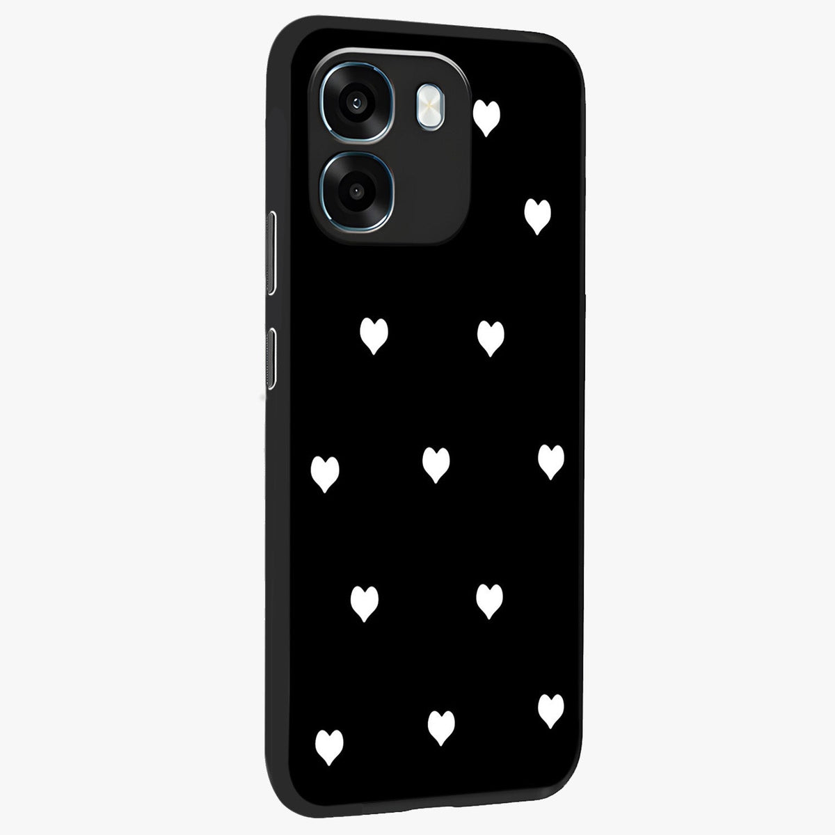 Cute And Simple White Hearts Glass Case upright view showcasing simple white hearts artwork with soft minimal theme.