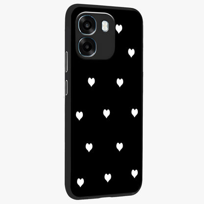 Cute And Simple White Hearts Glass Case upright view showcasing simple white hearts artwork with soft minimal theme.