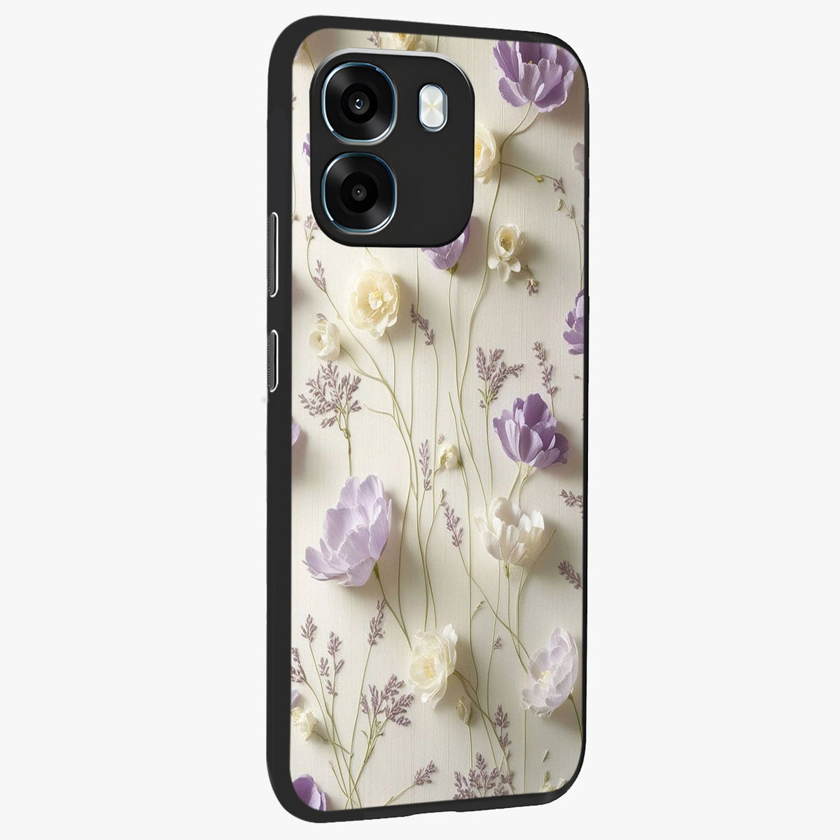 Lilac Breeze Harmony Glass Case upright view showcasing delicate lilac artwork with peaceful floral theme.
