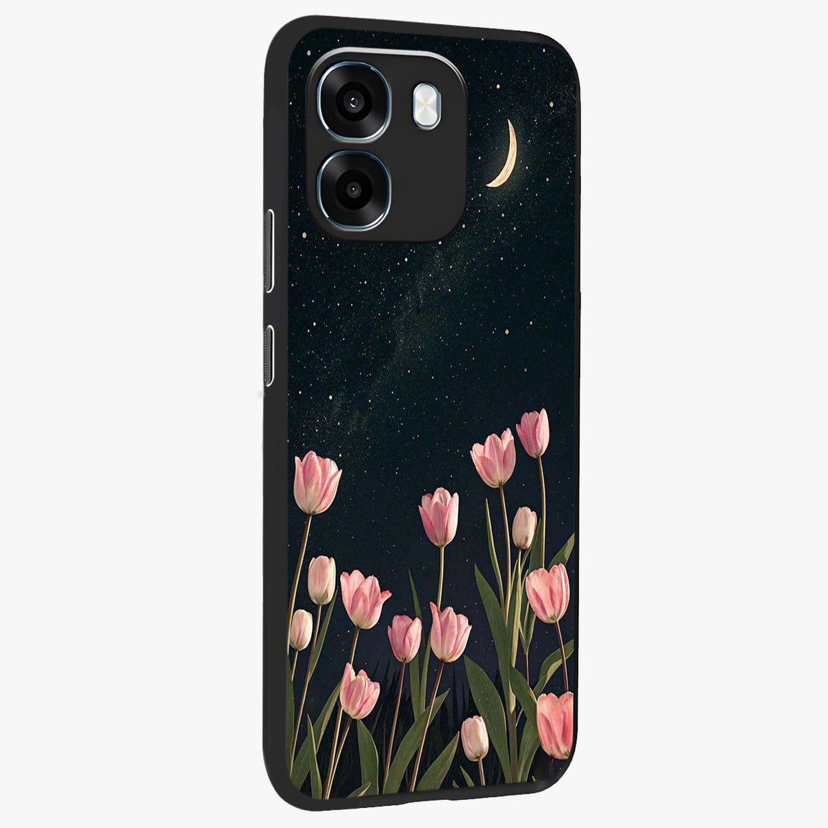 Midnight Tulip Whispers Vibe Glass Case upright view showcasing graceful tulip artwork with calm botanical theme.