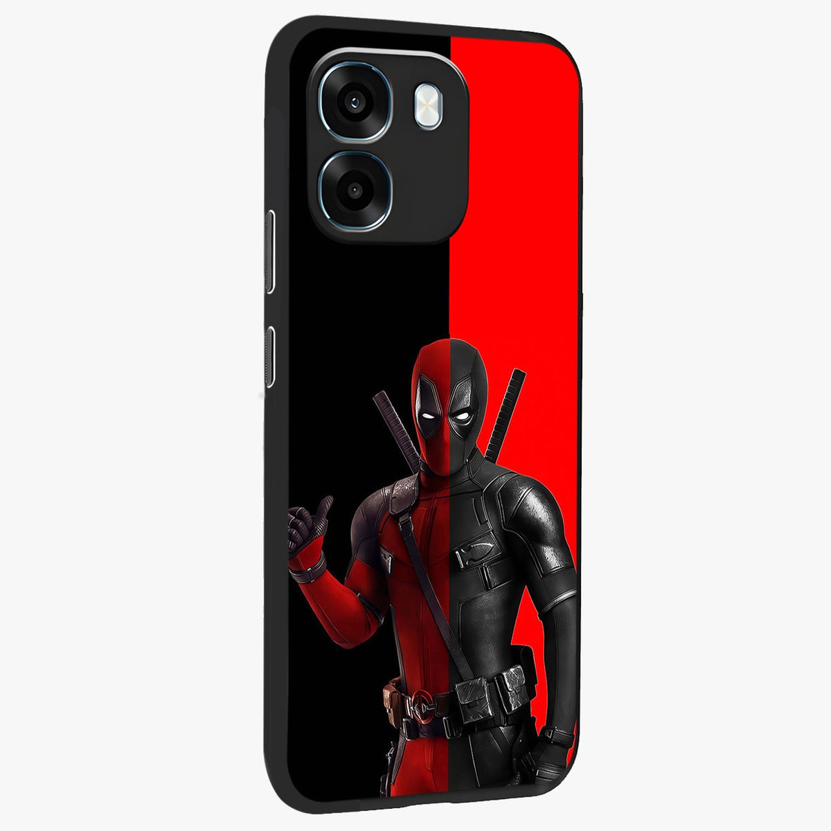 Red & Black Deadpool Theme Glass Case upright view showcasing energetic comic themed artwork with striking red and black design.