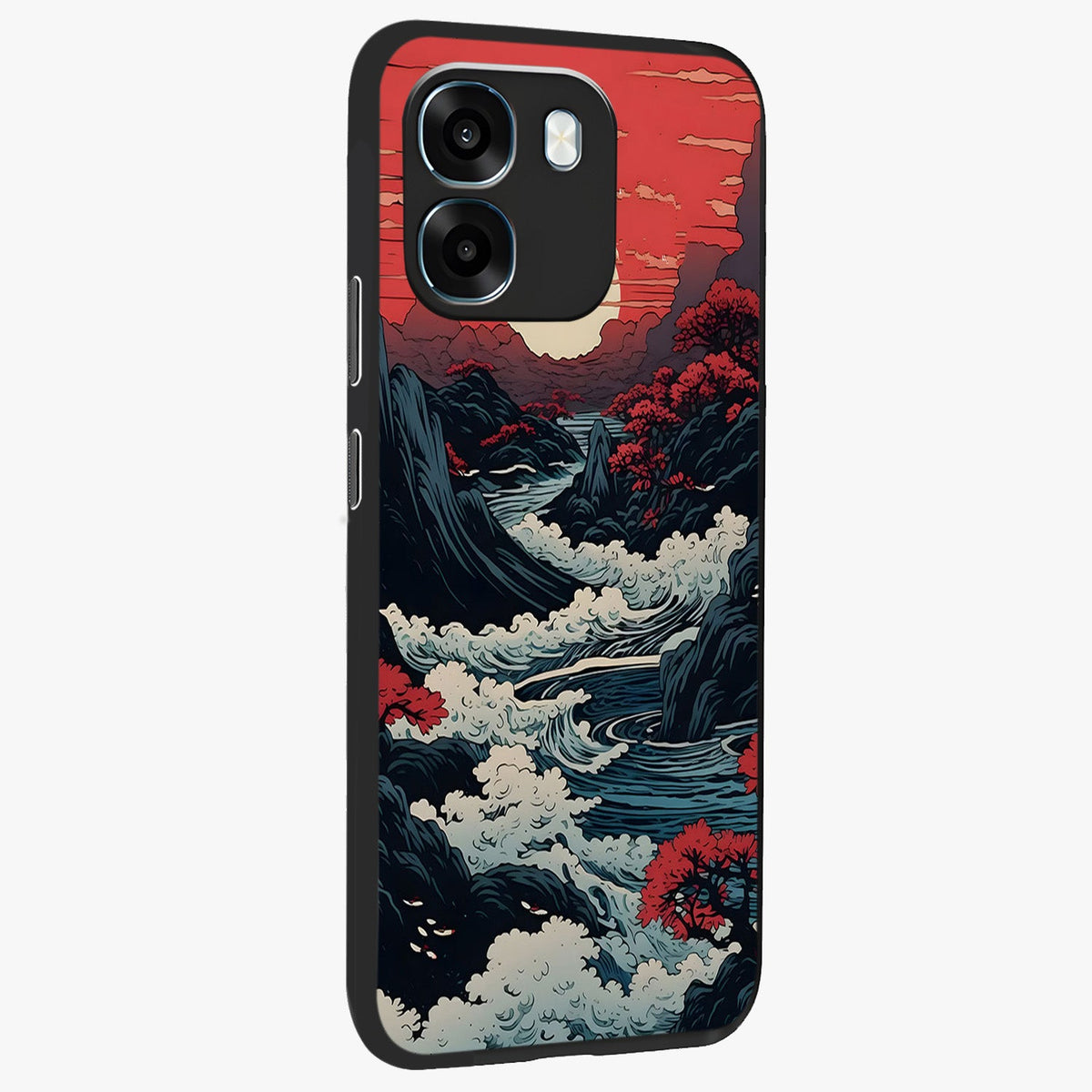 Red Sunset Scenery Glass Case upright view showcasing dramatic sunset scenery artwork with warm nature theme.