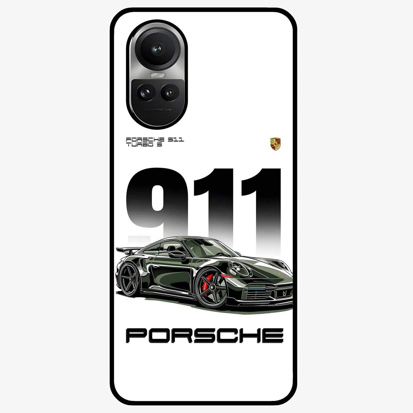 911 Turbo Dominance Glass Case showing clean flat back view with bold 911 sports car artwork and glossy glass finish.