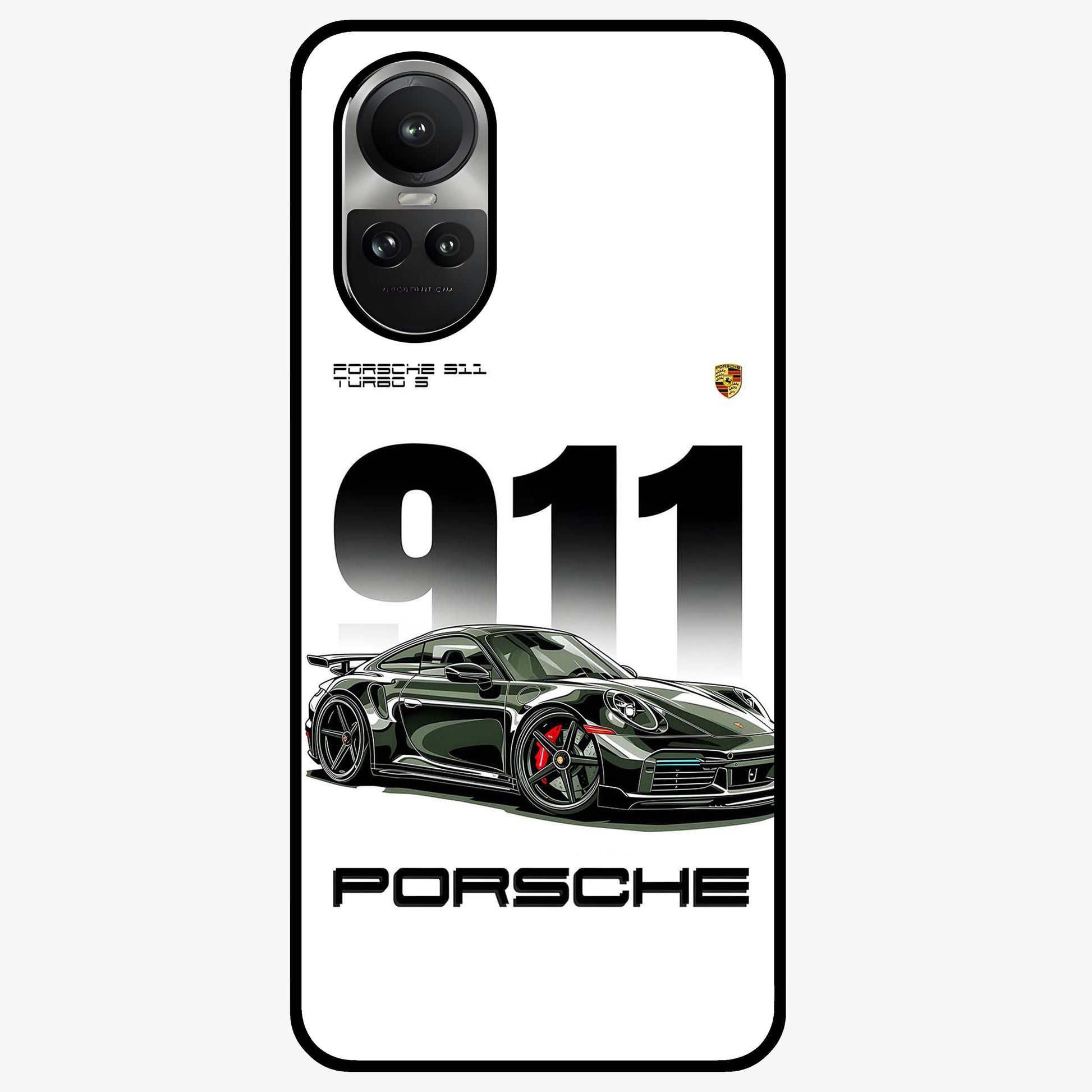 911 Turbo Dominance Glass Case showing clean flat back view with bold 911 sports car artwork and glossy glass finish.