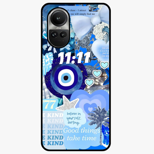 Aesthetic Be Kind Eye Glass Case showing flat back view with motivational eye artwork and glossy glass finish.