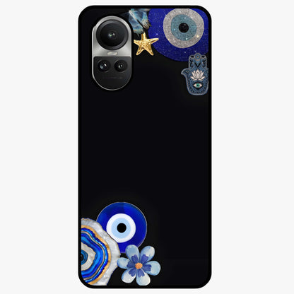 Aesthetic Blue Evil Eye Glass Case showing flat back view with protective evil eye artwork and glossy glass finish.