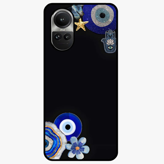 Aesthetic Blue Evil Eye Glass Case showing flat back view with protective evil eye artwork and glossy glass finish.