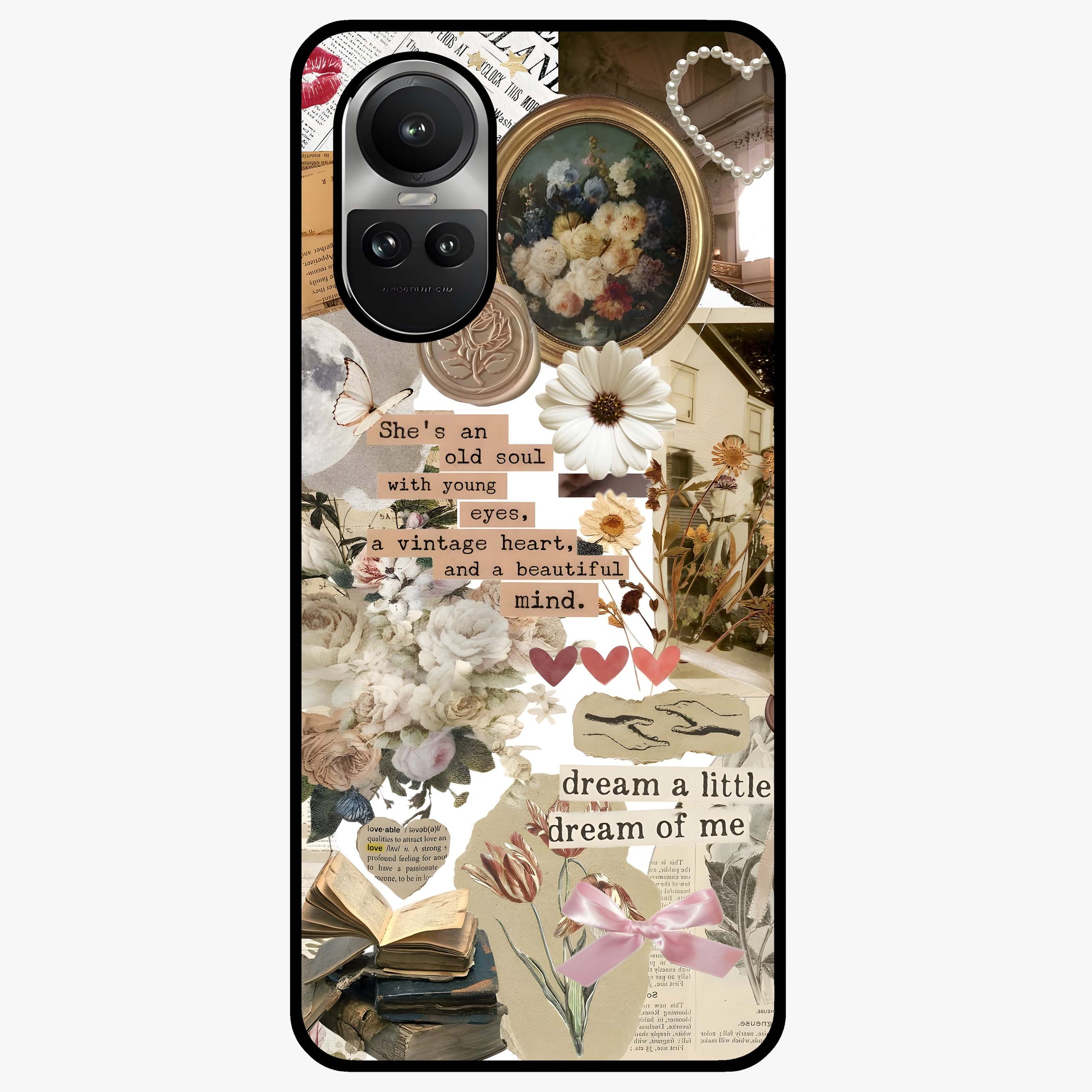 Aesthetic Brown Vintage Collage Glass Case showing flat back view with retro collage artwork and glossy glass finish.